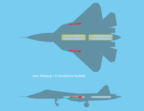 ll the weapons are carried internally, in the fuselage, in two spacious weapon compartments with dimensions of 5,1m x 1,3 m. It can also carry two more missiles in special containers, of 4,1 m length, which are located at the root of the wings. It will most likely be able to carry future missiles and other weaponry (RVV-MD, RVV-SD and Kh-58 UShKE and other weapons © K. Panitsidi