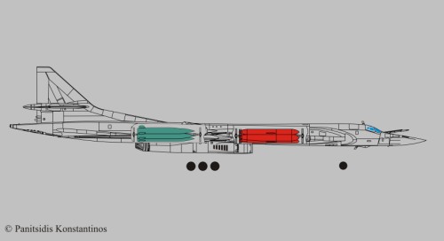 Tu-160 Blackjack. Σχεδιάγραμμα μεταφερόμενου εσωτερικά οπλικού φορτίου στο Α/φος με βλήματα X-55 (Kh-55) και Χ-15 (Kh-15). Σχεδίο: Πανιτσίδης Κων/νος