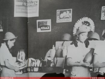Photo of the factory's booth at the Thessaloniki International Fair, unknown year. Canteens and helmets made for the Greek army are visible. The black-painted national emblems on the front of the helmets are particularly noteworthy © Marcos Andreou